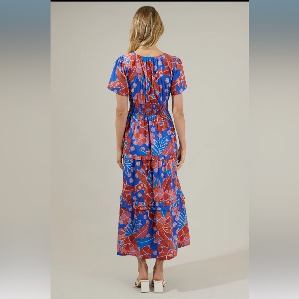SugarLips Palmer Poplin Maxi Dress Blue Red - Picture 2 of 6